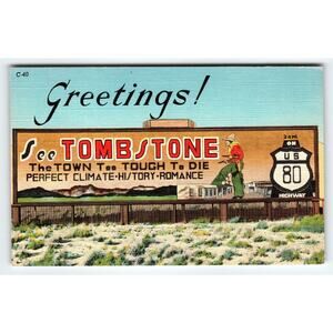 Vintage Linen Postcard See Tombstone AZ US 80 Highway Cowboy 1940s